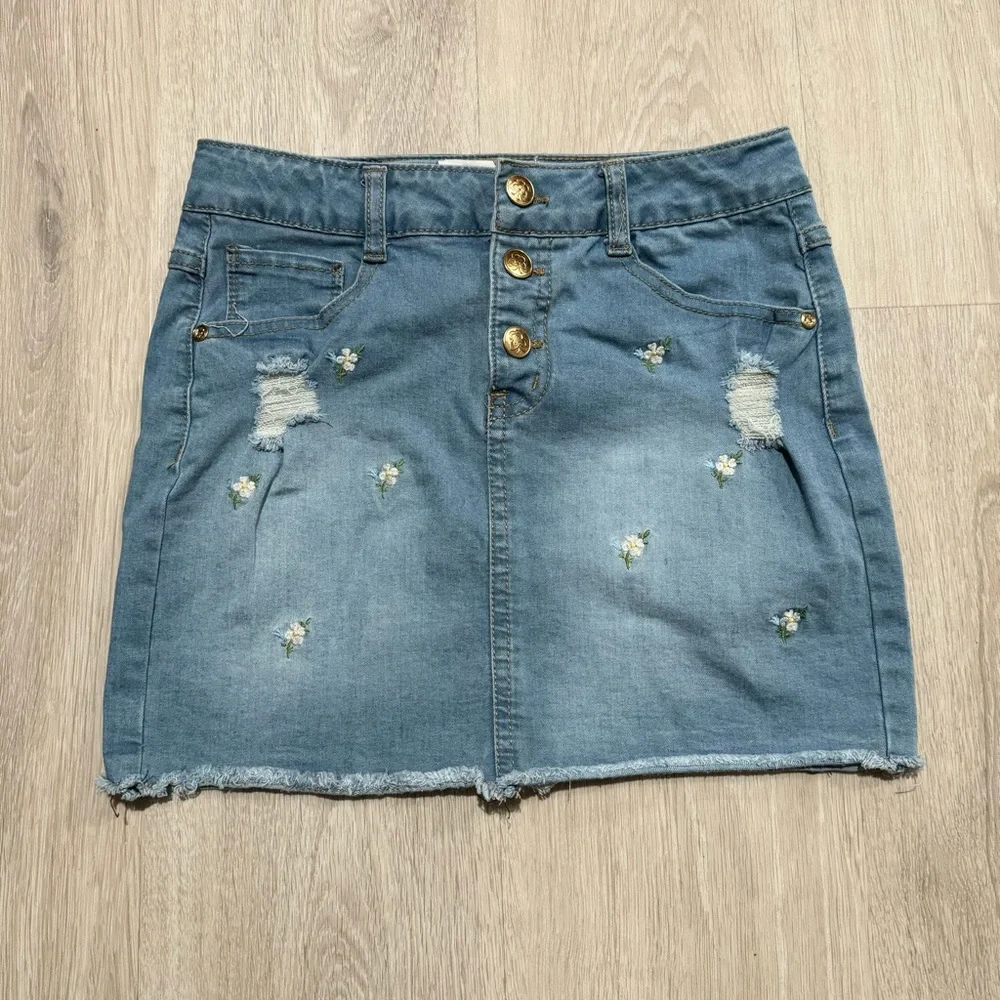 Kids Beautees Girls Medium Wash Blue Floral Embroidered Denim Jean Skirt 12 L